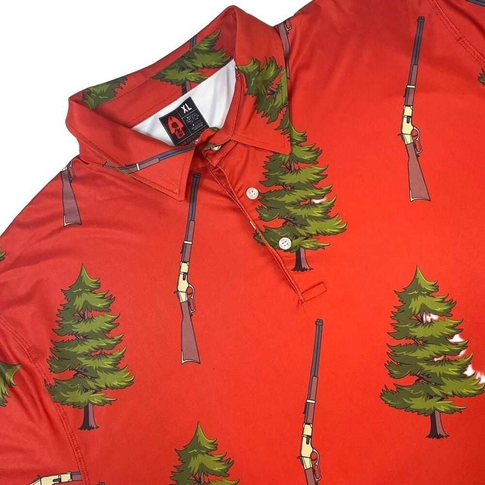 OAF Nation Men's Red Short Sleeve Polo Shirt with Rifle & Pine Tree Print XL